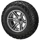 23x10.50-12 Black Trail II Tires on 12x6 Gun Metal Gray/Machined Yukon Golf Cart Wheels