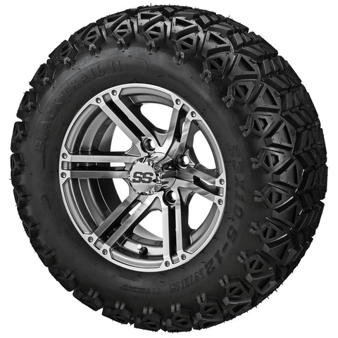 23x10.50-12 Black Trail II Tires on 12x6 Gun Metal Gray/Machined Yukon Golf Cart Wheels