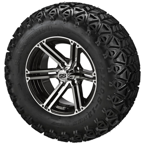 23x10.50-12 Black Trail II Tires on 12x6 Black/Machined Yukon Golf Cart Wheels