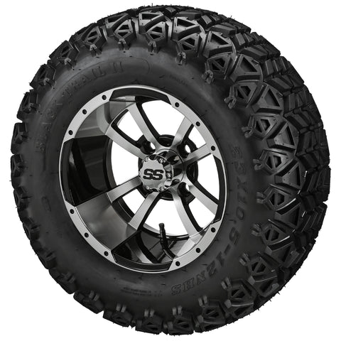 23x10.50-12 Black Trail II Tires on Black/Machined Maltese Cross Golf Cart Wheels