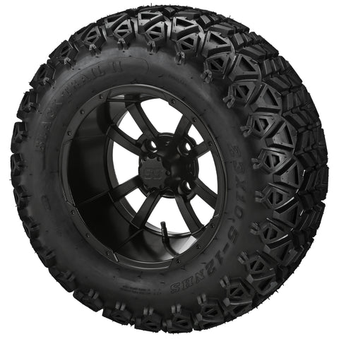 23x10.50-12 Black Trail II Tires on Matte Black Maltese Cross Golf Cart Wheels