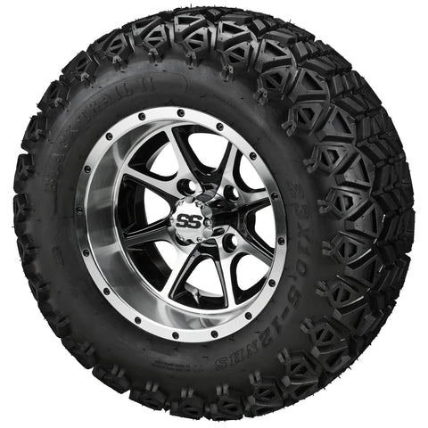 23x10.50-12 Black Trail II Tires on Black/Machined Azusa Golf Cart Wheels