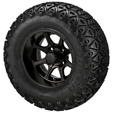 23x10.50-12 Black Trail II Tires on Matte Black Azusa Golf Cart Wheels