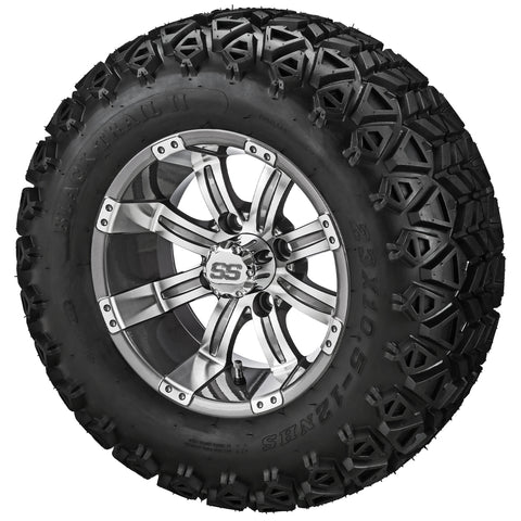 23x10.50-12 Black Trail II Tires on Gun Metal Gray/Machined Casino Golf Cart Wheels