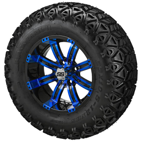 23x10.50-12 Black Trail II Tires on Black/Blue Casino Golf Cart Wheels