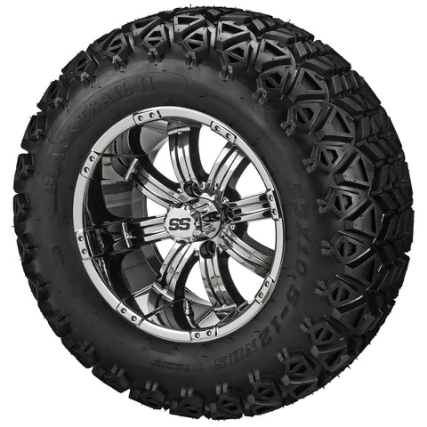 23x10.50-12 Black Trail II Tires on Mirror Casino Golf Cart Wheels