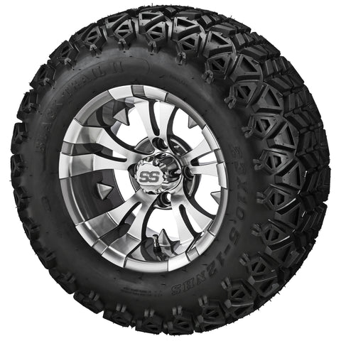 23x10.50-12 Black Trail II Tires on Gun Metal Gray/Machined Warlock Golf Cart Wheels