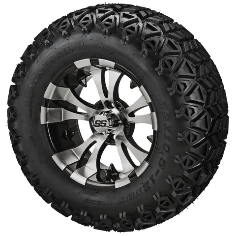 23x10.50-12 Black Trail II Tires on Black/Machined Warlock Golf Cart Wheels