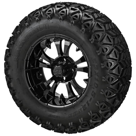23x10.50-12 Black Trail II Tires on Gloss Black Warlock Golf Cart Wheels