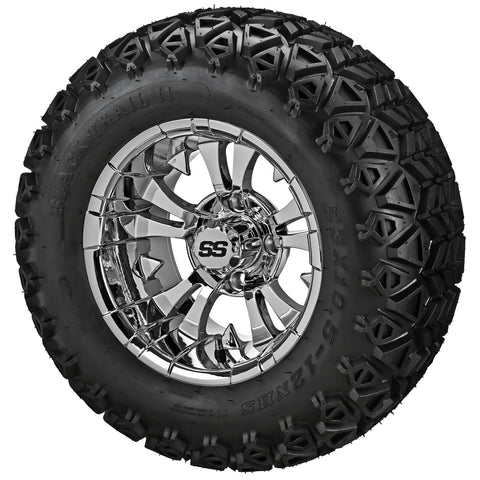 23x10.50-12 Black Trail II Tires on Mirror Warlock Golf Cart Wheels