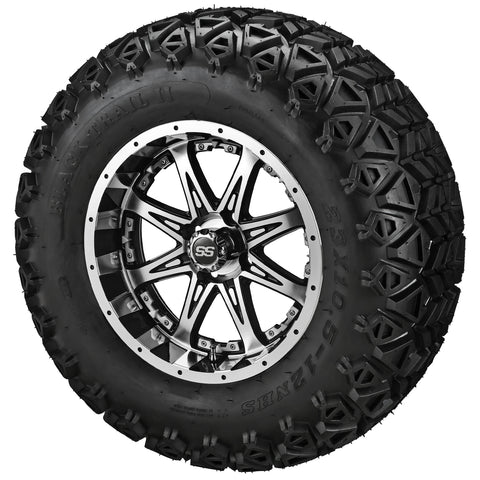 23x10.50-12 Black Trail II Tires on Black/Machined Revenge Golf Cart Wheels with Color Inserts