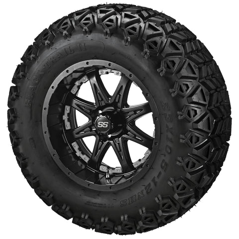 23x10.50-12 Black Trail II Tires on Matte Black Revenge Golf Cart Wheels with Color Inserts
