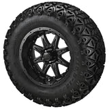 23x10.50-12 Black Trail II Tires on Matte Black Revenge Golf Cart Wheels with Color Inserts