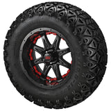 23x10.50-12 Black Trail II Tires on Matte Black Revenge Golf Cart Wheels with Color Inserts