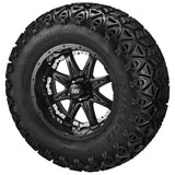 23x10.50-12 Black Trail II Tires on Matte Black Revenge Golf Cart Wheels with Color Inserts