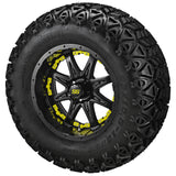 23x10.50-12 Black Trail II Tires on Matte Black Revenge Golf Cart Wheels with Color Inserts