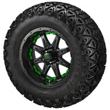 23x10.50-12 Black Trail II Tires on Matte Black Revenge Golf Cart Wheels with Color Inserts