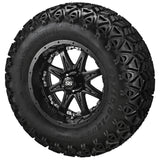23x10.50-12 Black Trail II Tires on Matte Black Revenge Golf Cart Wheels with Color Inserts