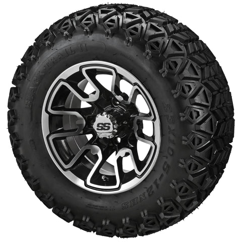 23x10.50-12 Black Trail II Tires on Black/Machined Tombstone Golf Cart Wheels
