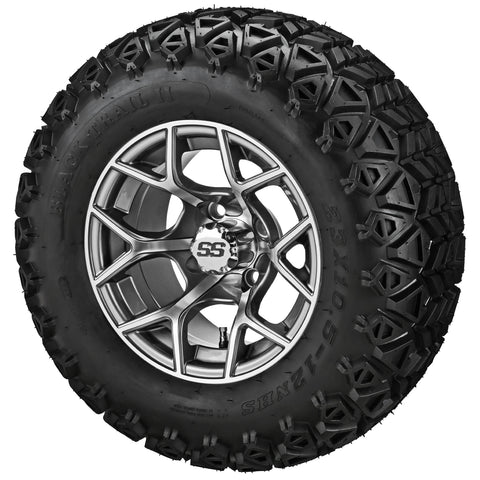 23x10.50-12 Black Trail II Tires on Gun Metal Gray/Machined Ninja Golf Cart Wheels