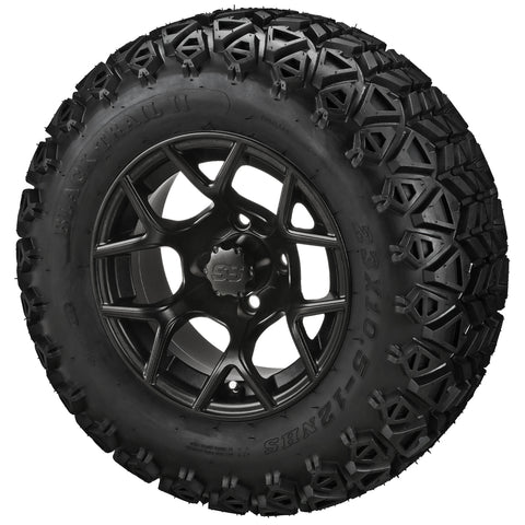 23x10.50-12 Black Trail II Tires on Matte Black Ninja Golf Cart Wheels