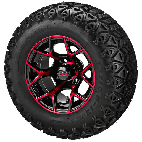 23x10.50-12 Black Trail II Tires on Black/Red Ninja Golf Cart Wheels