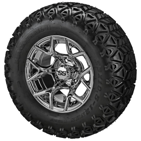 23x10.50-12 Black Trail II Tires on Mirror Ninja Golf Cart Wheels