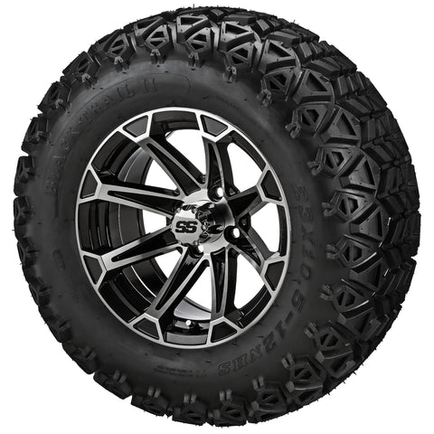 23x10.50-12 Black Trail II Tires on Black/Machined Viking Golf Cart Wheels