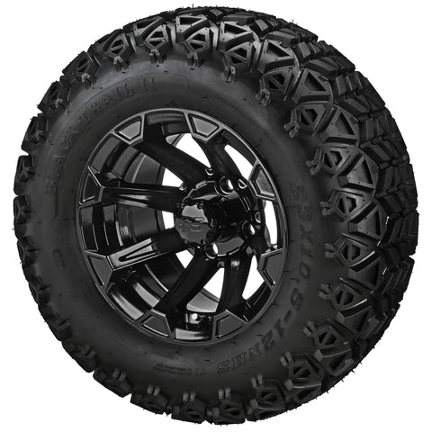 23x10.50-12 Black Trail II Tires on Gloss Black Viking Golf Cart Wheels