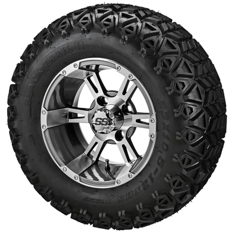 23x10.50-12 Black Trail II Tires on Gun Metal Gray/Machined Raptor Golf Cart Wheels