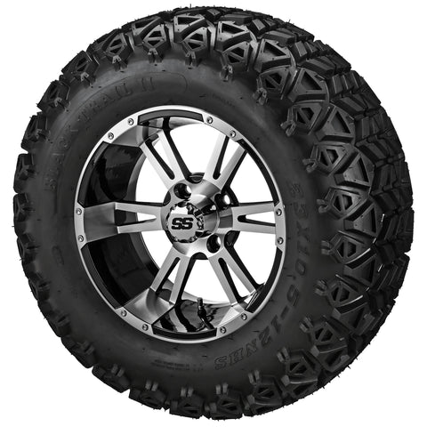 23x10.50-12 Black Trail II Tires on Black/Machined Raptor Golf Cart Wheels