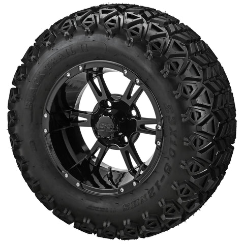23x10.50-12 Black Trail II Tires on Gloss Black Raptor Golf Cart Wheels