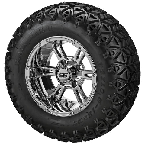 23x10.50-12 Black Trail II Tires on Mirror Raptor Golf Cart Wheels