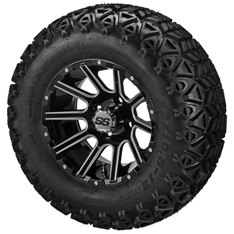 23x10.50-12 Black Trail II Tires on Black/Machined Ball Milled Venom Golf Cart Wheels