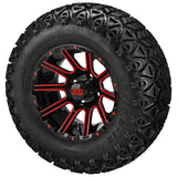 23x10.50-12 Black Trail II Tires on Black/Red Ball Milled Venom Golf Cart Wheels