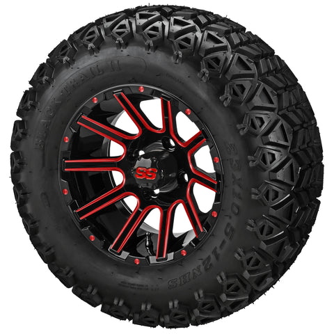 23x10.50-12 Black Trail II Tires on Black/Red Ball Milled Venom Golf Cart Wheels