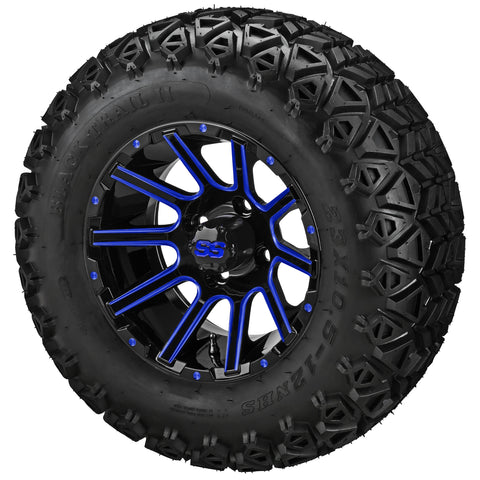 23x10.50-12 Black Trail II Tires on Black/Blue Ball Milled Venom Golf Cart Wheels