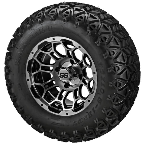 23x10.50-12 Black Trail II Tires on Black/Machined Hercules Golf Cart Wheels