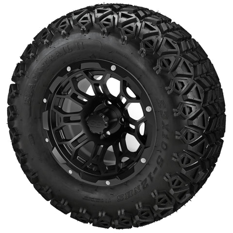 23x10.50-12 Black Trail II Tires on Gloss Black Hercules Golf Cart Wheels