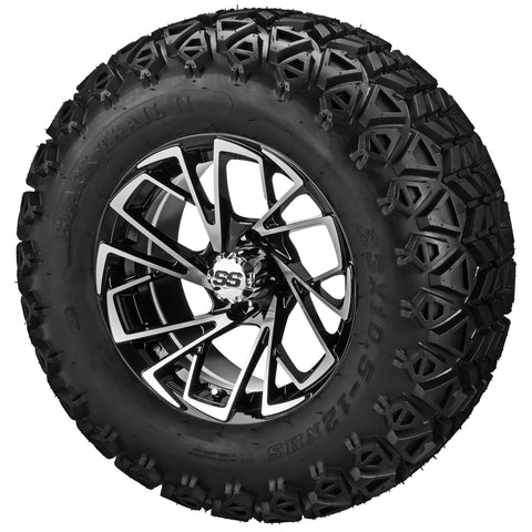 23x10.50-12 Black Trail II Tires on Black/Machined Stinger Golf Cart Wheels