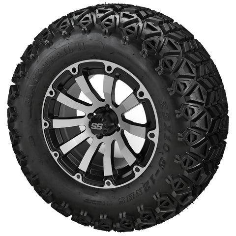23x10.50-12 Black Trail II Tires on Black/Machined Beast Golf Cart Wheels