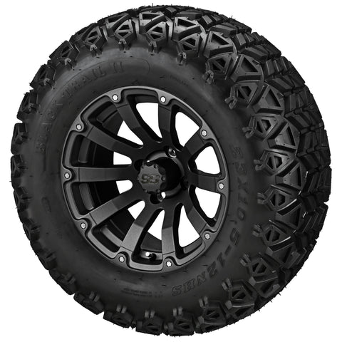23x10.50-12 Black Trail II Tires on Matte Black Beast Golf Cart Wheels