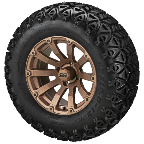 23x10.50-12 Black Trail II Tires on Matte Bronze Beast Golf Cart Wheels