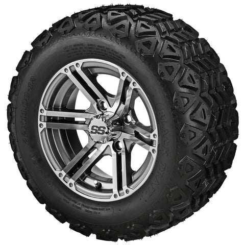 22x11.00-12 Black Trail Tires on 12x6 Gun Metal Gray/Machined Yukon Golf Cart Wheels