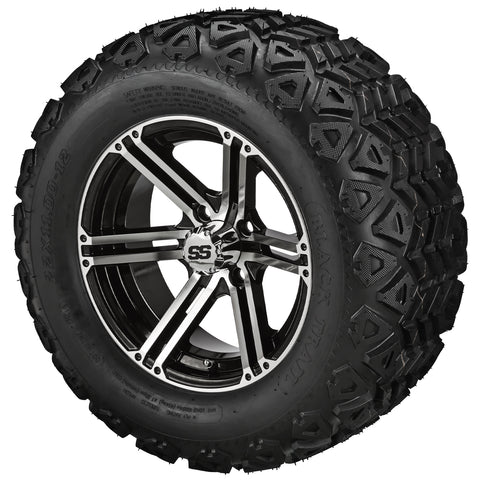 22x11.00-12 Black Trail Tires on 12x6 Black/Machined Yukon Golf Cart Wheels