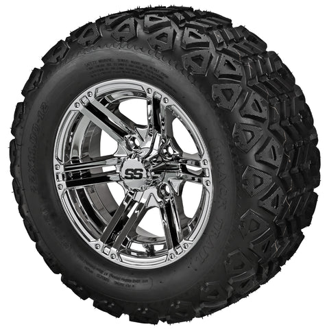 22x11.00-12 Black Trail Tires on 12x6 Mirror Yukon Golf Cart Wheels