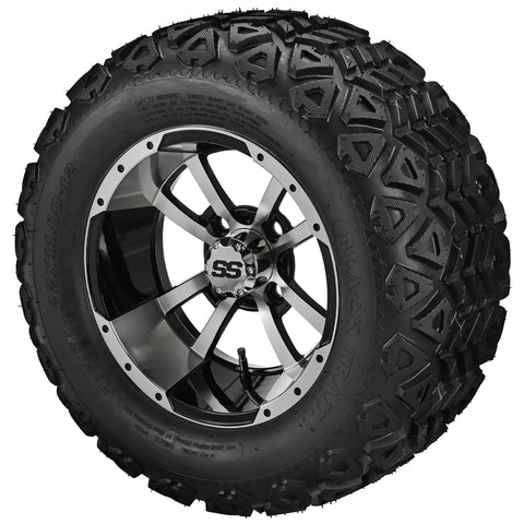 22x11.00-12 Black Trail Tires on Black/Machined Maltese Cross Golf Cart Wheels