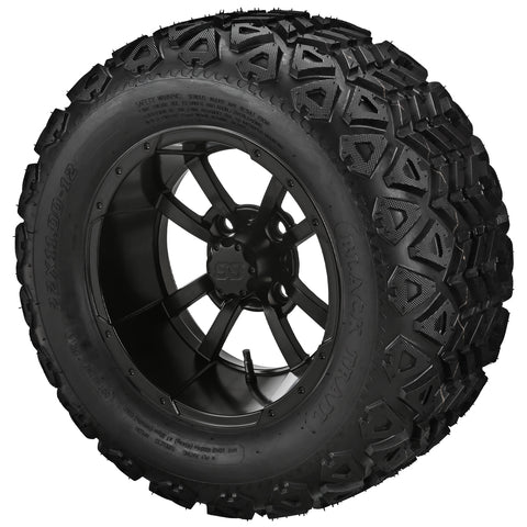 22x11.00-12 Black Trail Tires on Matte Black Maltese Cross Golf Cart Wheels