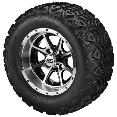 22x11.00-12 Black Trail All-Terrain Tires on Black/Machined Azusa Golf Cart Wheels
