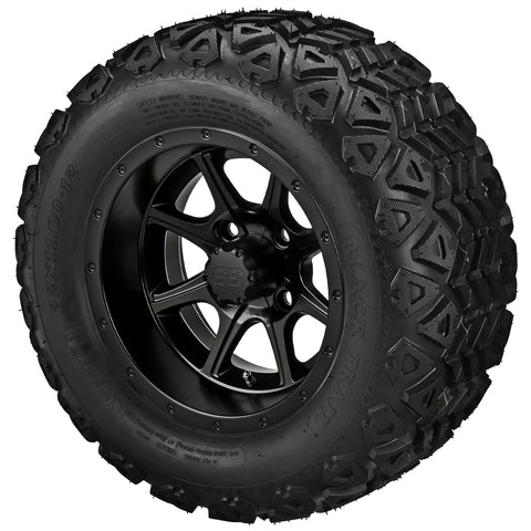 22x11.00-12 Black Trail Tires on Matte Black Azusa Golf Cart Wheels